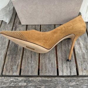 Jimmy Choo Tan Suede Pointed-Toe Studded Stiletto Pumps